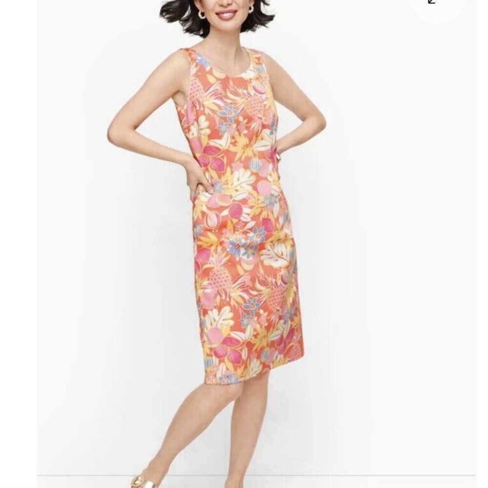 Talbots Colorful Fruit & Flowers Textured‎ Cotton Sleeveless Sheath Dress Size 8